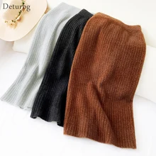 Женская элегантная норковая кашемировая юбка миди, Женская Корейская Повседневная вязаная теплая юбка с высокой талией и разрезом сзади, зима SK446