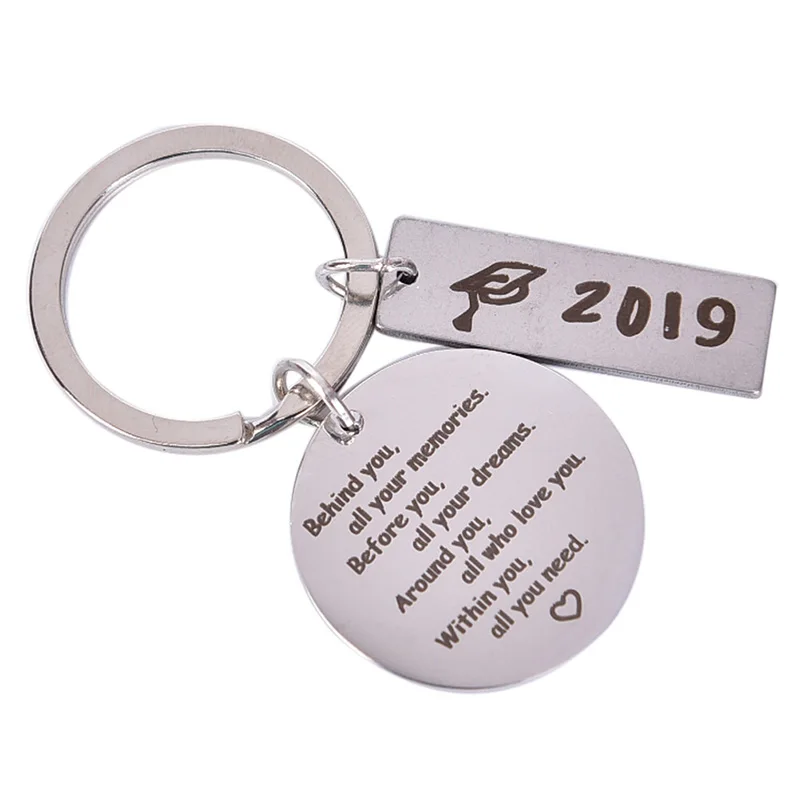 2019 Round Key Ring Student Engraved Class of Graduation Keychains Silver Stainless Steel Letters Pendant Key Rings For Gifts