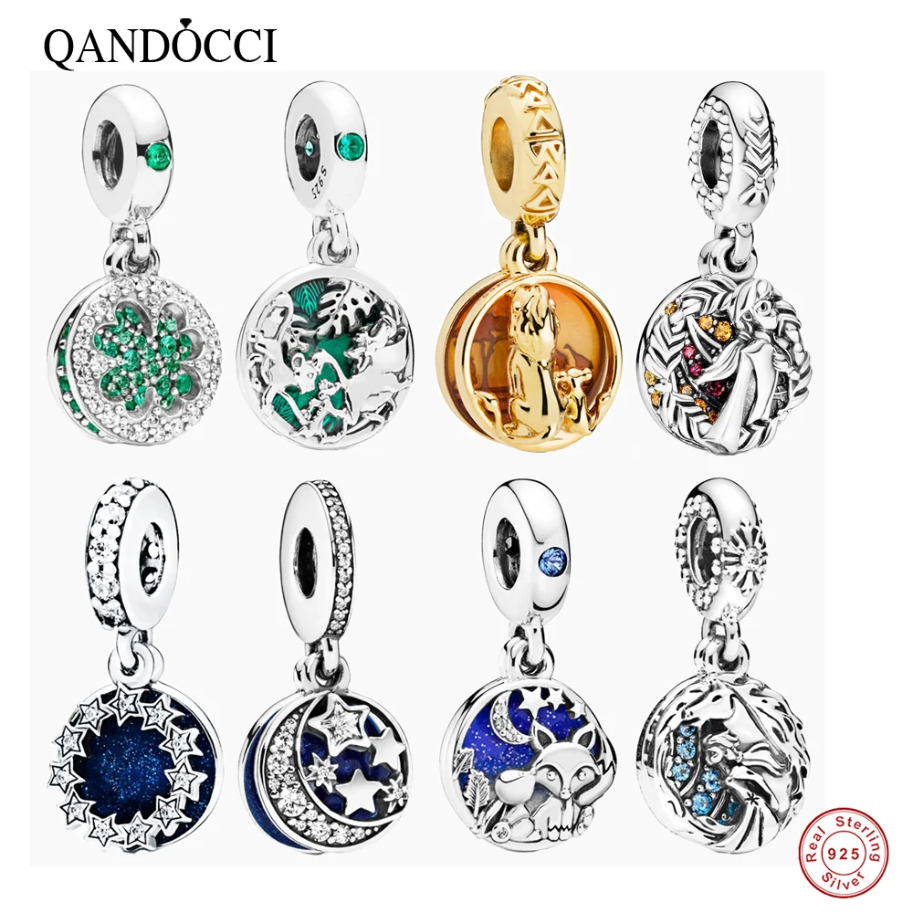 QANDOCCI S925 Серебряные Бусины Король Лев Ослепительная подвеска Клевер Луна и