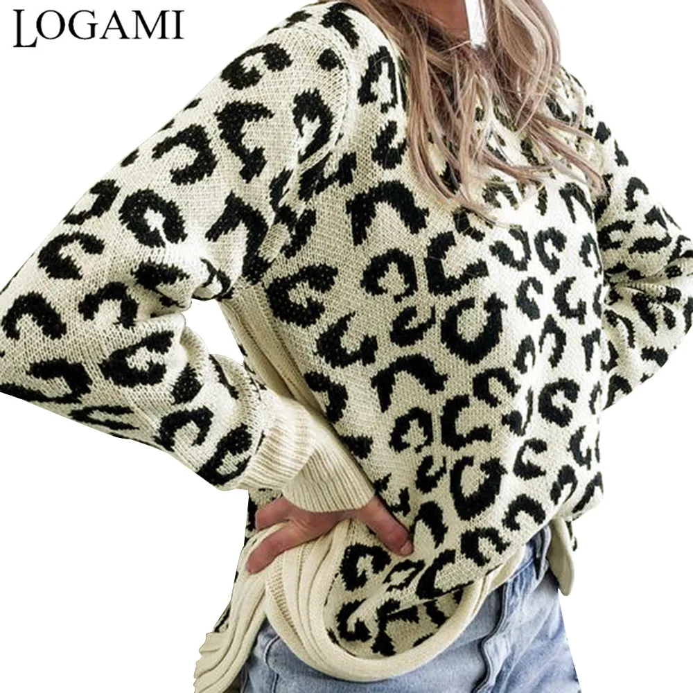 

LOGAMI Leopard Loose Sweater Women Autumn and Winter O Neck Vintage Pullover Ladies Jumper
