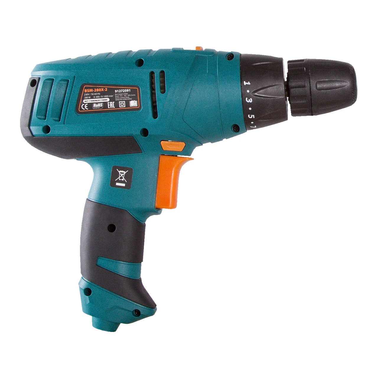 Дрель-шуруповерт электрический Bort BSM-280X-2 (Мощность 280 Вт, 2 скорости 0-300/0-1000 об/мин, макс.крутящий момент 20 Нм, быстрозажимной патрон)