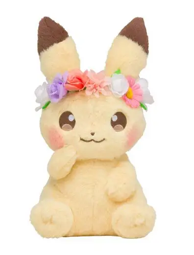 Japan Tomy Anime pocket Pikachu & Eevee with Flower head ring Ver. Plush Toys