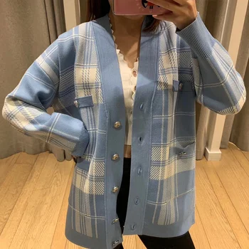 

2020 New Plaid Women Knitted Cardigan Jacket Ladies Long Sleeve Plaid Knitwear Sweater Coat Female Outwear Top Preppy Stylish