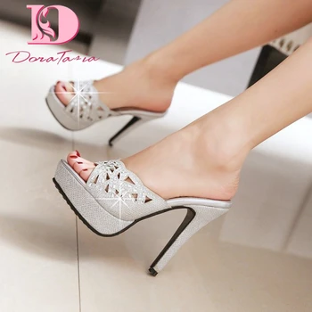 

Dora Tasia 2020 Hot Sale Plus Size 46 Women Mules Pumps Peep Toe Thin Heels Platform Crystal Summer Woman Party Lady Shoes