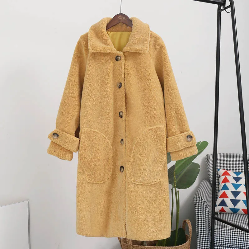 Insta Горячая большой карман плюшевый медведь куртка пальто для женщин белая длинная верхняя одежда пальто Зимняя уличная мода негабаритных пальто из искусственного меха - Цвет: yellow teddy coat