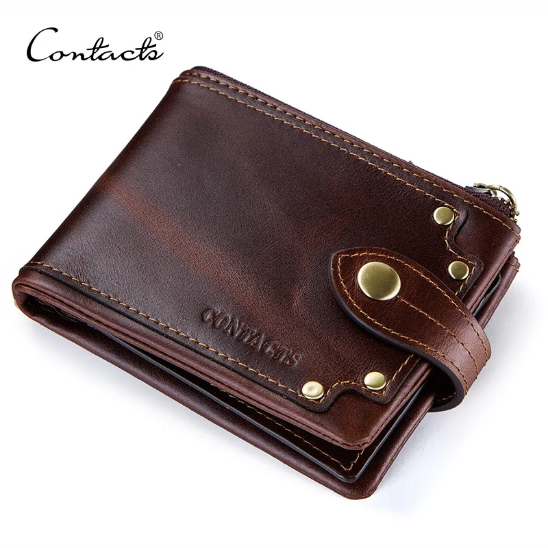 

Contact's Crazy Horse Cowhide Leather Men Wallets Short Men's Purse Card Holder Male Carteira Masculina Zipper Cartera Hombre