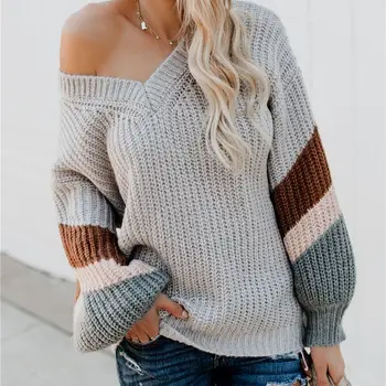 

Pullover Women Striped Stitching Knit Material Comfortable Soft Autumn Fashion New Wild Loose Long Sleeve Style Simple
