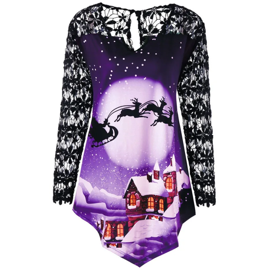 VITIANA Long Sleeve Lace Christmas Blouse Women Autumn Female V-Neck Sexy Party womens tops and blouses Plus SIze 5XL - Цвет: Purple