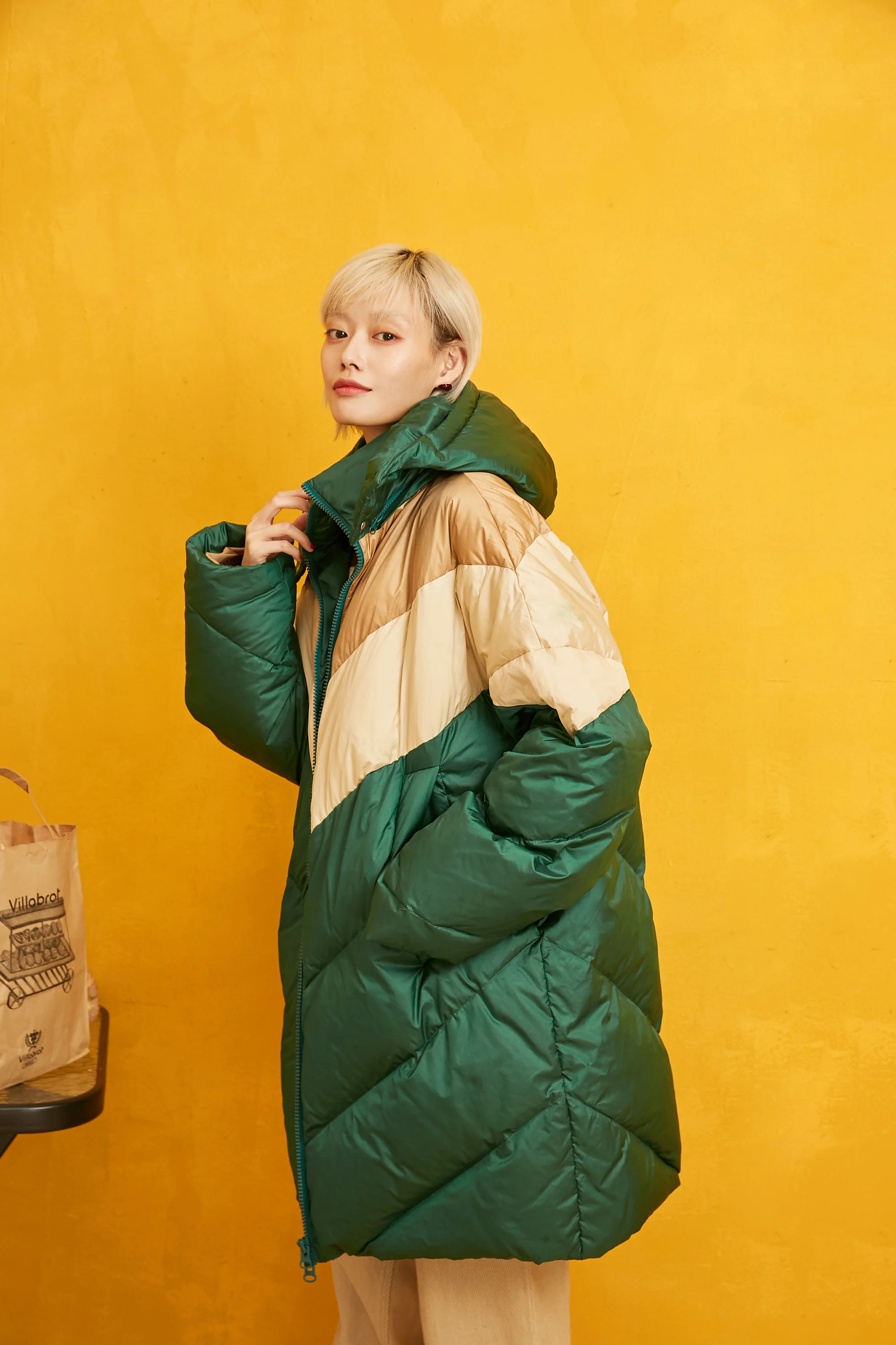 SAM'S TREE Green лоскутное теплое пуховое пальто с капюшоном для женщин Зима Новая модная повседневная Офисная Женская одежда оверсайз