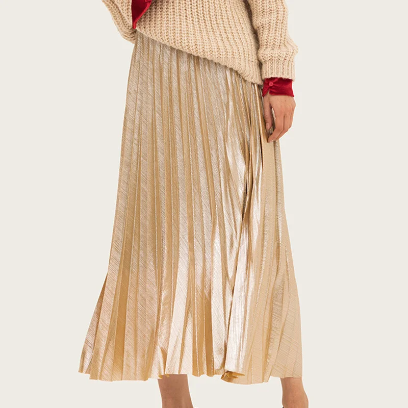 Beige Qiuxuan винтажная Золотая Серебряная трапециевидная длинная юбка женская плиссированная юбка эластичная юбка миди с высокой талией тонкая женская Повседневная пляжная юбка - Цвет: Beige