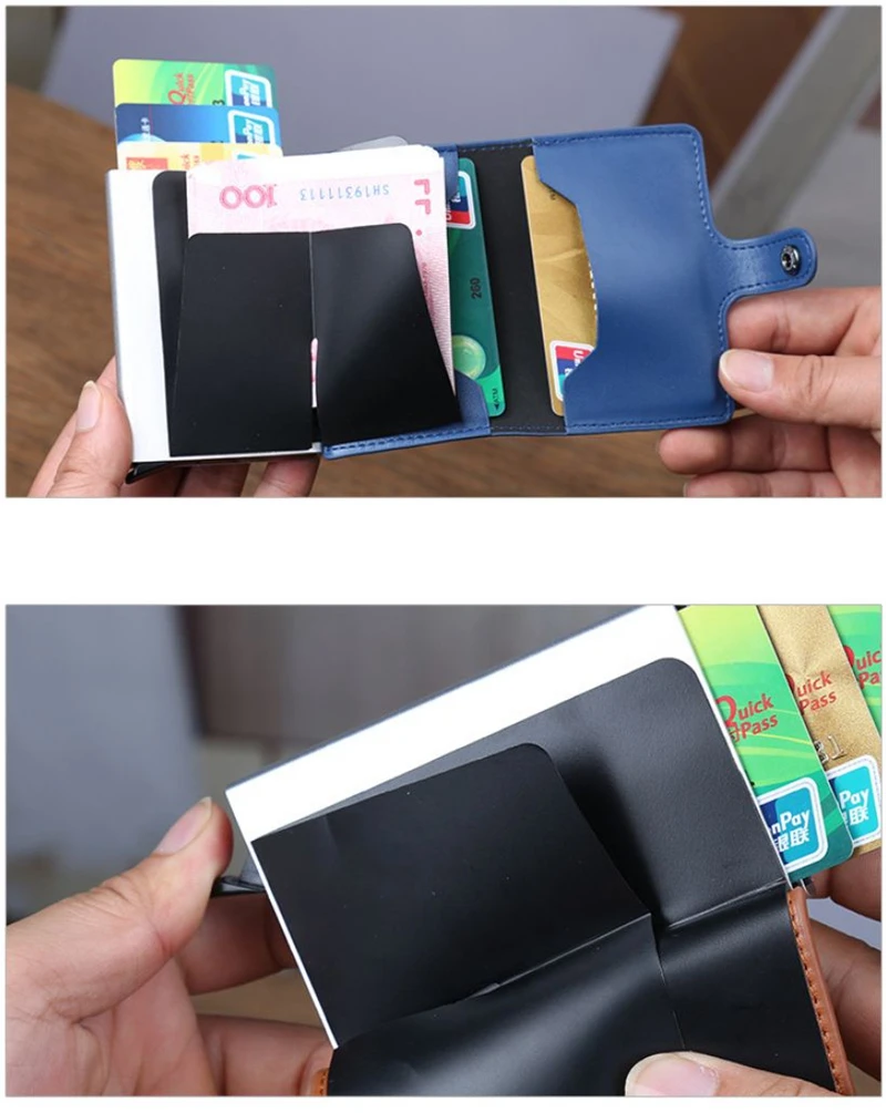 Автоматический мини-кошелек RFID из искусственной кожи, держатели для кредитных карт, алюминиевый сплав, противокражный чехол для ID карт