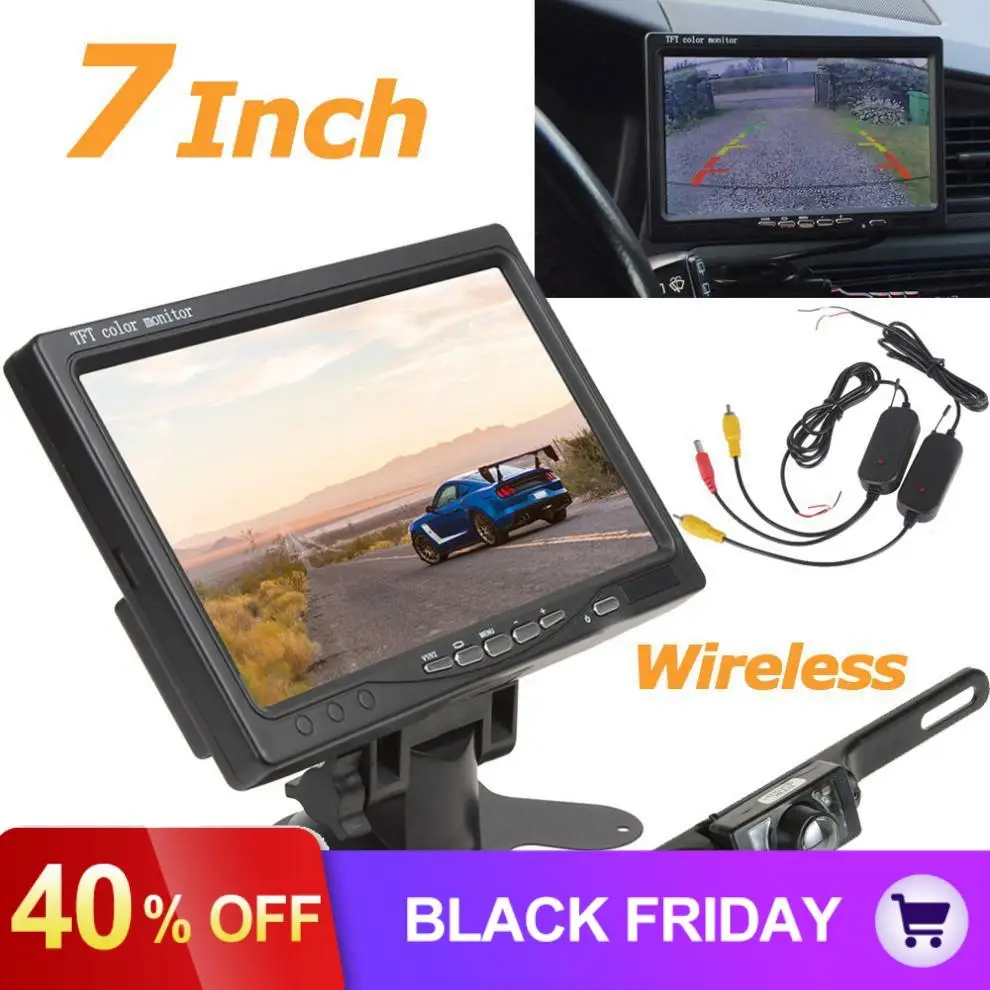 7 Inch TFT LCD Headrest Car Rear View Monitor+ 135 Degrees Night Vision License Plate Camera+ Wireless Transmitter Receiver