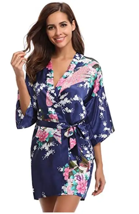 Silk Satin Wedding Bride Bridesmaid Robe Floral Bathrobe Short Kimono Robe Night Bath Fashion Dressing Gown For Women