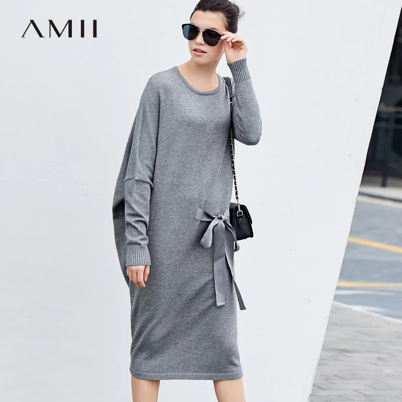 

Amii Minimalist Asymmetric Sleeve Sweater Dress Winter Women Loose Solid Belt Female Long Dresses 11777759