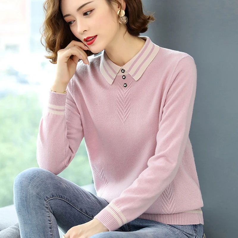 

Shintimes Knitted Sweater Pullovers Women 2020 Autumn Winter Turn-Down Collar Sweaters Patchwork Long Sleeve Elegant Ladies Tops