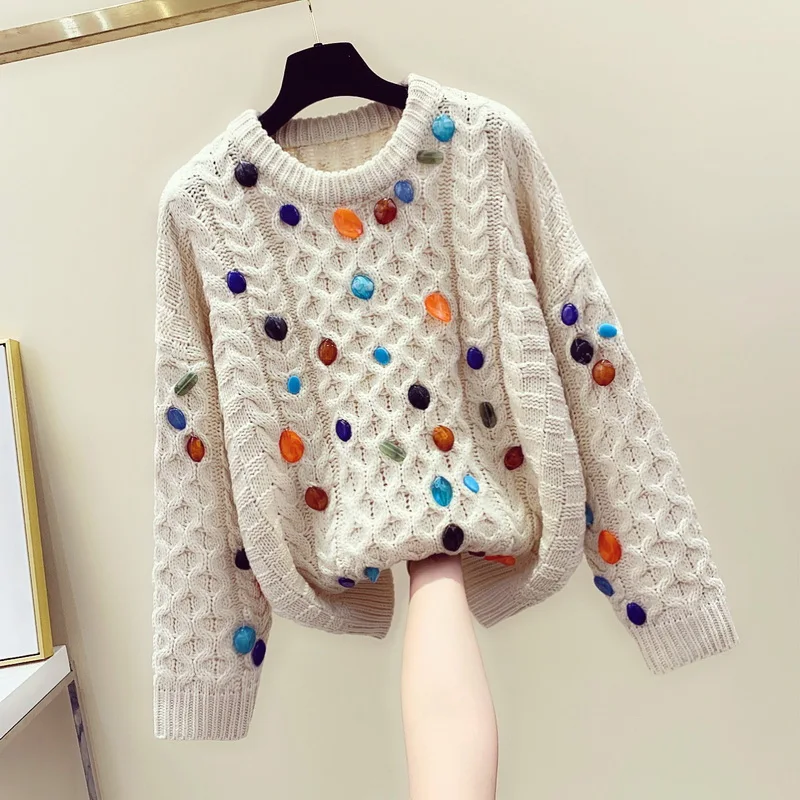 

2020 Autumn and Winter Loose Twist Sweater Women Handmade Beaded Sweaters Jumpers Knitted Clothes Oversized Pullover Female Tops