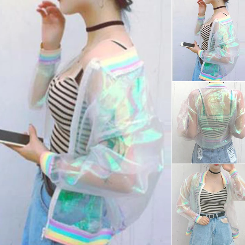 

Jacket Rainbow Bomber Women Clear Iridescent Summer Symphony Hologram Basic Coat Laser Transparent Best