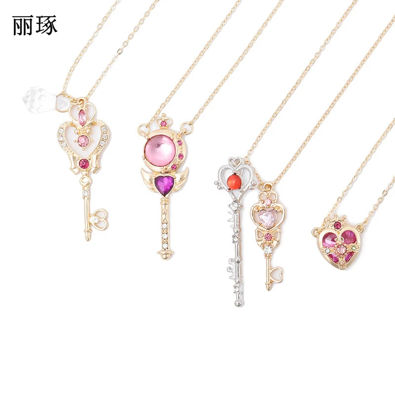 

Japanese Sailor Moon Necklace Female Time Gem Scepter Key Crown Crystal Zircon Copper Alloy Ornament