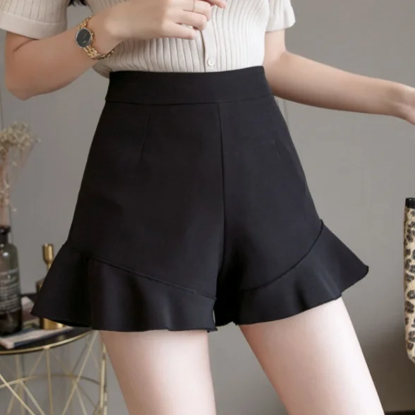 S-2XL, женские одноцветные шорты, милые, милые, для молодых девушек, высокая талия, оборки, подол, широкие, шорты для женщин, весна, AQ823