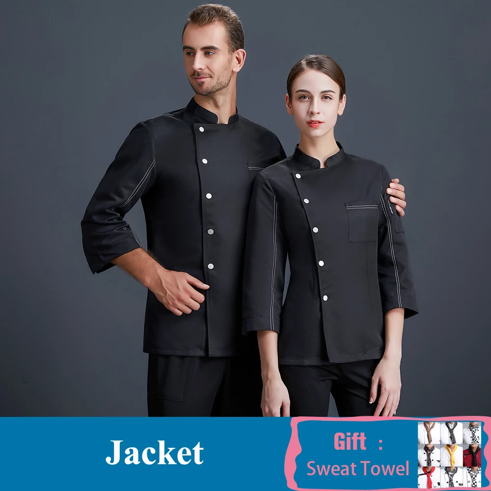 Black Coat Шеф-повар футболки-униформы Еда Услуги Ресторан Кухня комбинезоны профессиональные общественного питания куртки кафе Парикмахерская униформа официанта - Цвет: Black Coat