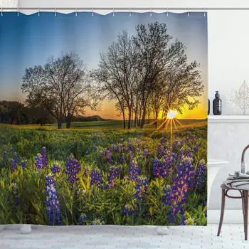 

Nature Shower Curtain by, Country Scenery with Lavender Meadow at Sunset Spring Beauty Foliage Eco Picture, Fabric Bathroom