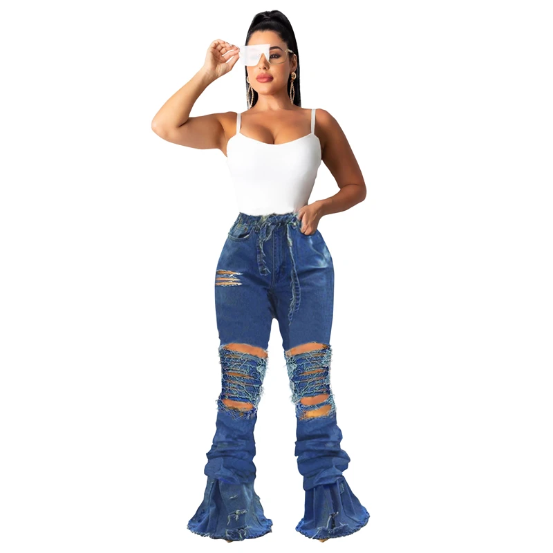 Tsuretobe размера плюс рваные джинсы с цепочкой, женские плиссированные расклешенные джинсы, модные штаны с высокой талией и широкими штанинами, женские джинсы