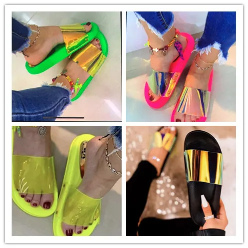 

2019 fashion sexy female sandals candy color pvc sequin mirror reflective beach slippers ladies flat slippers