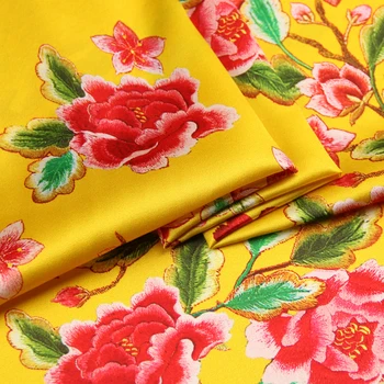 

Bright Yellow Silk Fabric Stretch Satin 93%Silk 7%Spandex Wide118cm Red Flower Printing 19MM