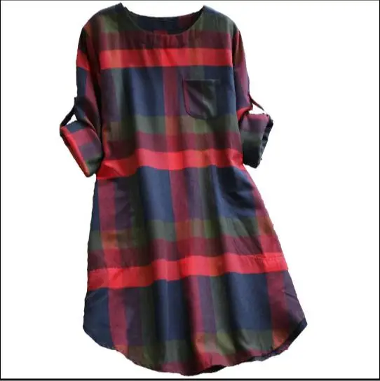 Платье женское осеннее клетчатое с круглым вырезом и длинным рукавом | Женская