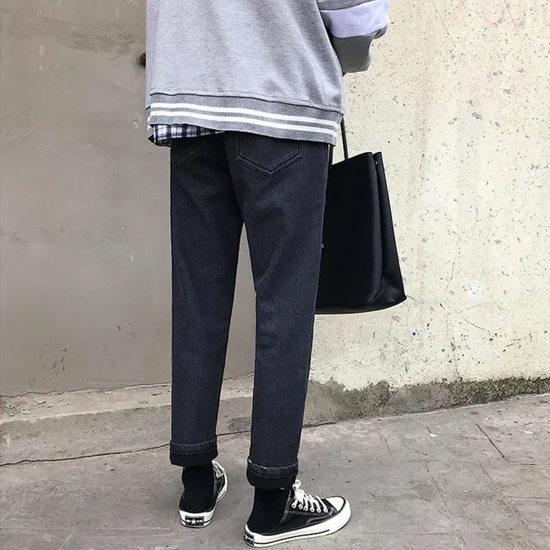 Liketkit Новые повседневные джинсы мужские однотонные флисовые плотные джинсовые штаны Мужские Винтажные узкие брюки Корейская уличная одежда зимние черные джинсы