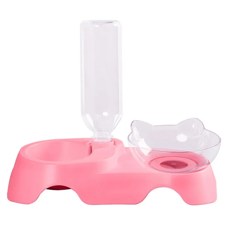 Миска для домашних животных кошек чаша двойная чаша наклоняющийся рот двойная питьевая вода Защита шейного позвонка чаша элегантный темперамент очаровательный - Цвет: Pink