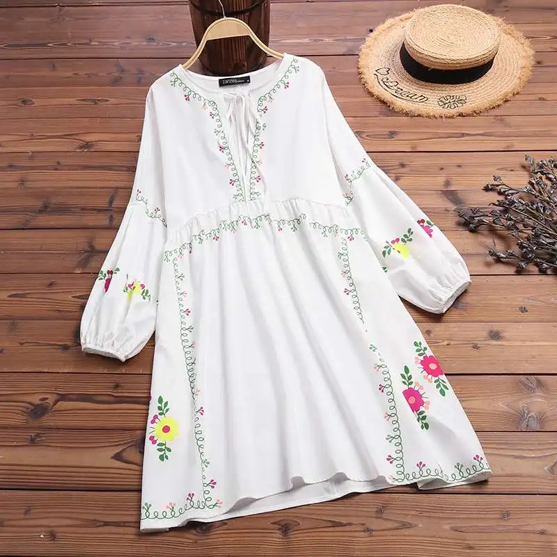 Осенняя мода Blusas Vestidos ZANZEA, Женская богемная длинная рубашка с принтом, Повседневная блуза с v-образным вырезом, туника с длинными рукавами, топы женские