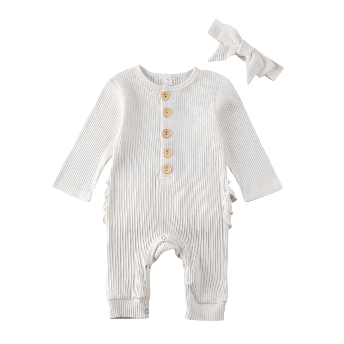 Детская одежда на весну-осень, Одежда для новорожденных мальчиков и девочек, трикотажный комбинезон с оборками, комбинезон с длинными рукавами, однотонная одежда в рубчик - Цвет: Белый