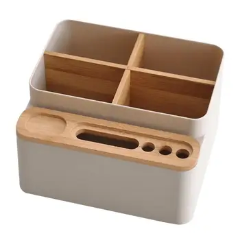 

Multi-function 4 Grid Desktop Pen Holder Storage Case Wood Box Desk Pen Pencil Organizer Phone Holder Office School Stationery