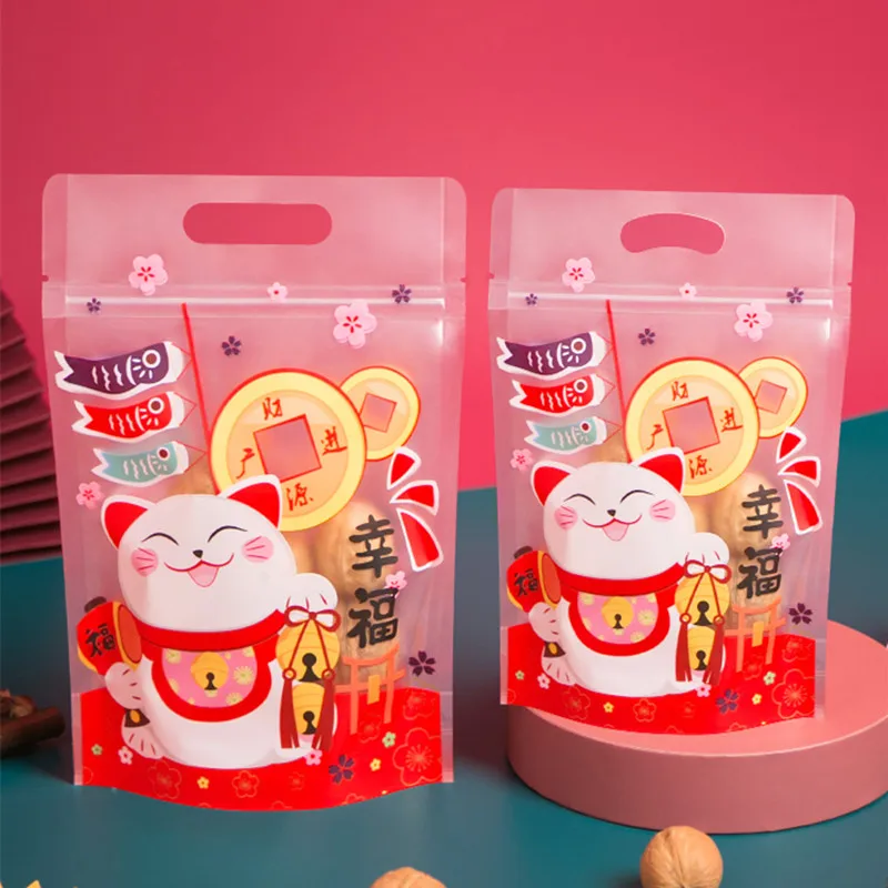 100 шт Высокое качество с изображением из мультфильма Lucky Cat nougat Снежинка хрустящая печать мешок сушеный полиэтиленовый пакет для фруктов молния упаковка сумки