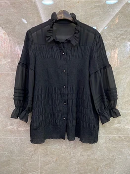 

2020 Spring and Summer New Women's Lined Decorative Wooden Ear Collar Long Sleeve Solid Color Shirt 601