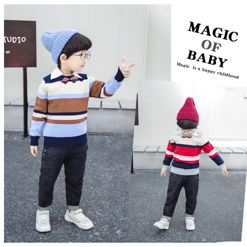 

Childrenswear 2019 Fall And Winter Clothes New Style BOY'S Korean-style Fashion Stripes Sweater Medium-small Kids' Sweater Base