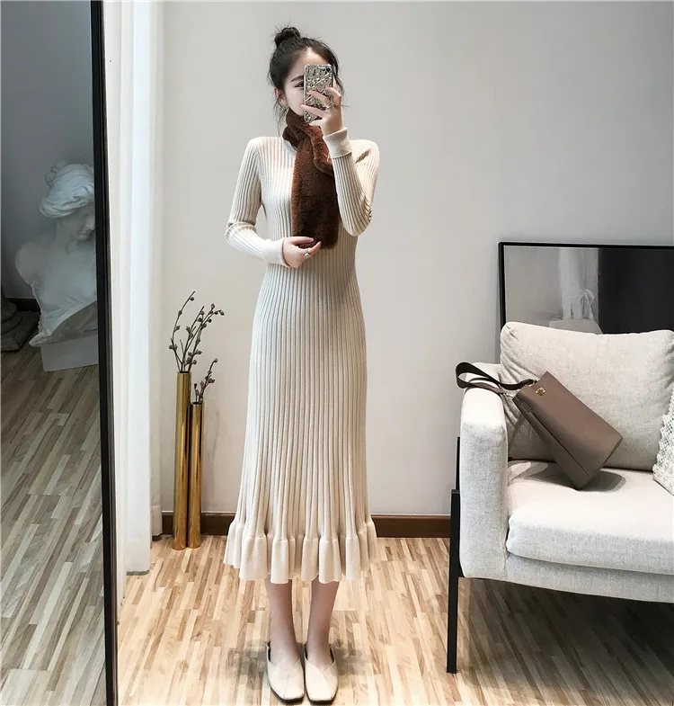 Spring autumn winter thick mermaid maxi sweater dress women o-neck long sweater dress elegant female slim sexy knit dress