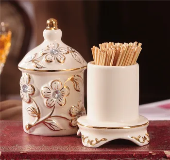 

Luxury Gold Toothpick Cotton Holder Dispenser Distributor Porcelain for Dining Table Restaurant Kitchen KTV Storage Organizers