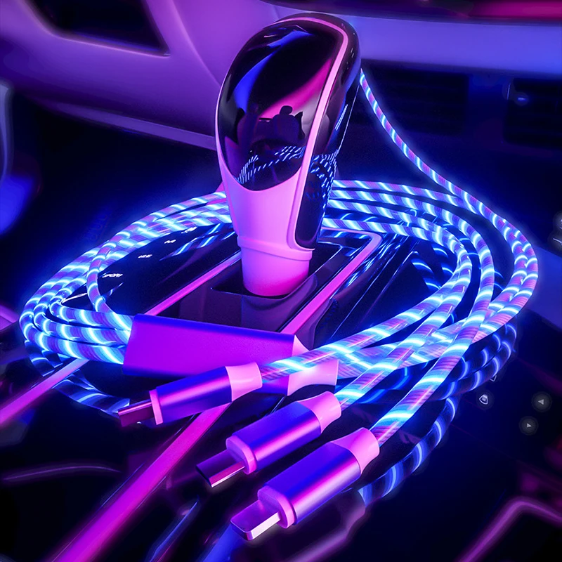 

100pcs wholesale 3 in 1 USB Cable LED Glow Flowing Fast Charging Type C/Micro USB/8 Pin Mobile Phone Charge Cord Wire