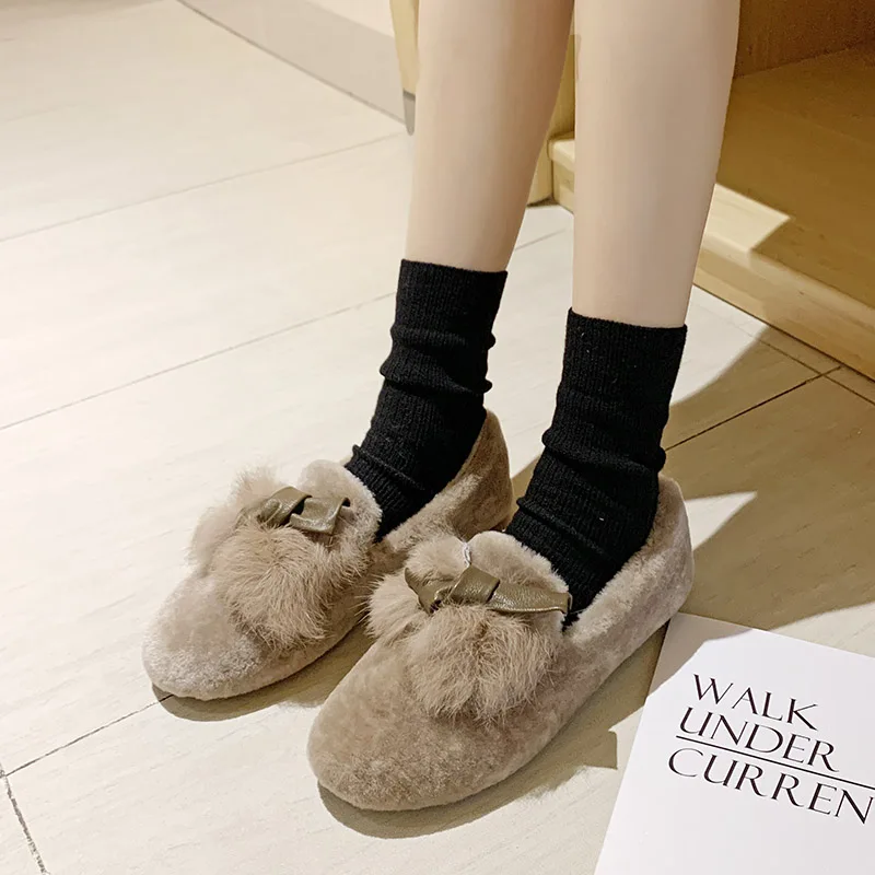 

Women Shoes Autumn Loafers Fur 2019 Fashion Women's Casual Female Sneakers Soft Round Toe Bow-Knot Fall Modis Moccasin Winter