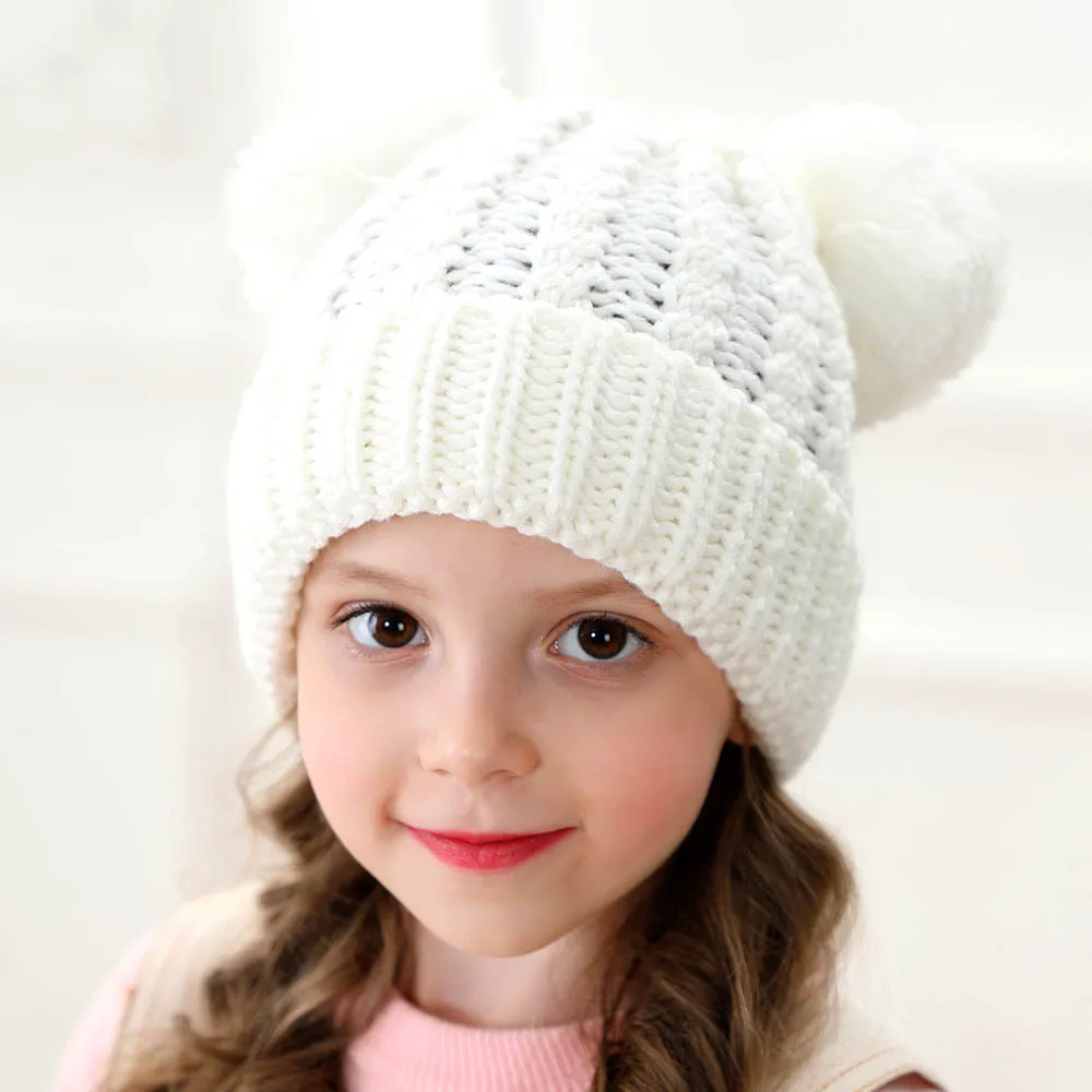 Новая зимняя шапка для мальчиков и девочек, вязаные шапки бини шапки из толстой ткани для малышей милый мягкий помпон Кепки для детей ясельного возраста теплая Кепка для мальчиков, девочек, помпоны, тёплая шапка