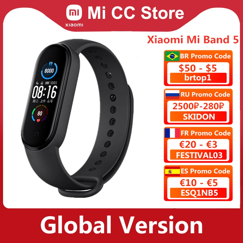 Global Version Xiaomi Mi Band 5 Bracelet Heart Rate Fitness Tracker Wristband 4 Color Strap 1.1 Inch AMOLED Screen Miband 5