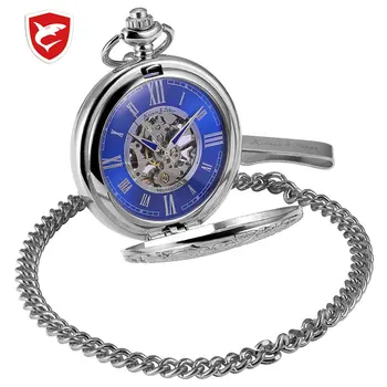 

KS Golden Steampunk Roman Mechanical Blue Pocket Watch Hand Winding Men Clock Fobs Long Chain Key Pendant Watches + Box /KSP073