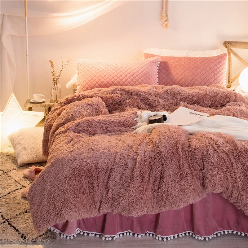 dark pink Зимний Теплый мягкий роскошный плюшевый мохнатый пододеяльник, хлопок, пододеяльник queen King size, белый, розовый, серый, без простыни - Цвет: dark pink