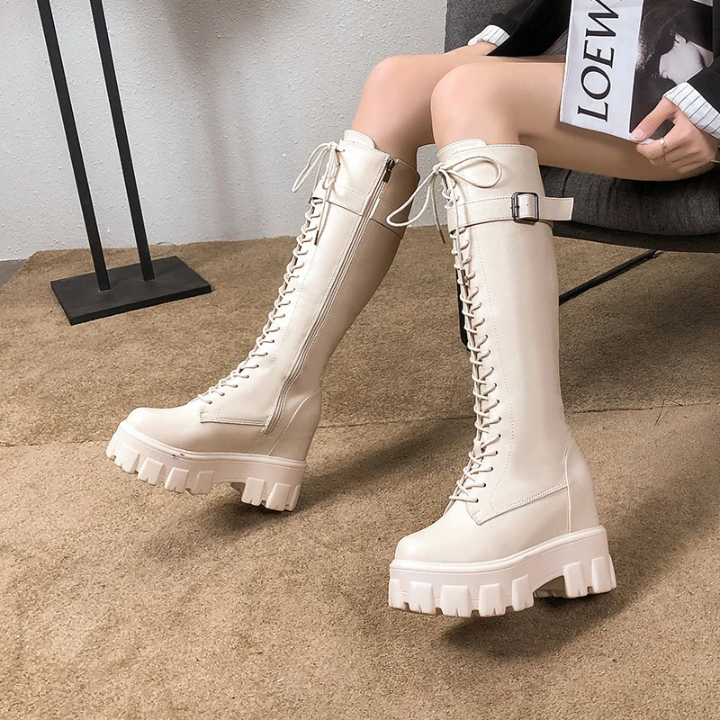 patent leather knee high boots fashion women's increased shoes winter warm lace-up long boots platform punk boots