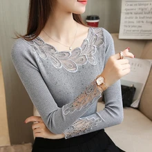 2020 Spring Ladies Knitted Shirt Long-sleeved Women Sweater Korean Style Slim Sexy Patchwork Embroidery Lace Pullovers Sweater 2020 Spring Ladies Knitted Shirt Long-sleeved Women Sweater Korean Style Slim Sexy Patchwork Embroidery Lace Pullovers Sweater