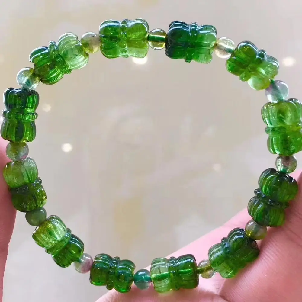 

Natural Green Tourmaline Crystal Clear Barrel Carved Lotus Flower Beads Bracelet Women Men 12x8mm Crystal AAAAAA Certificate
