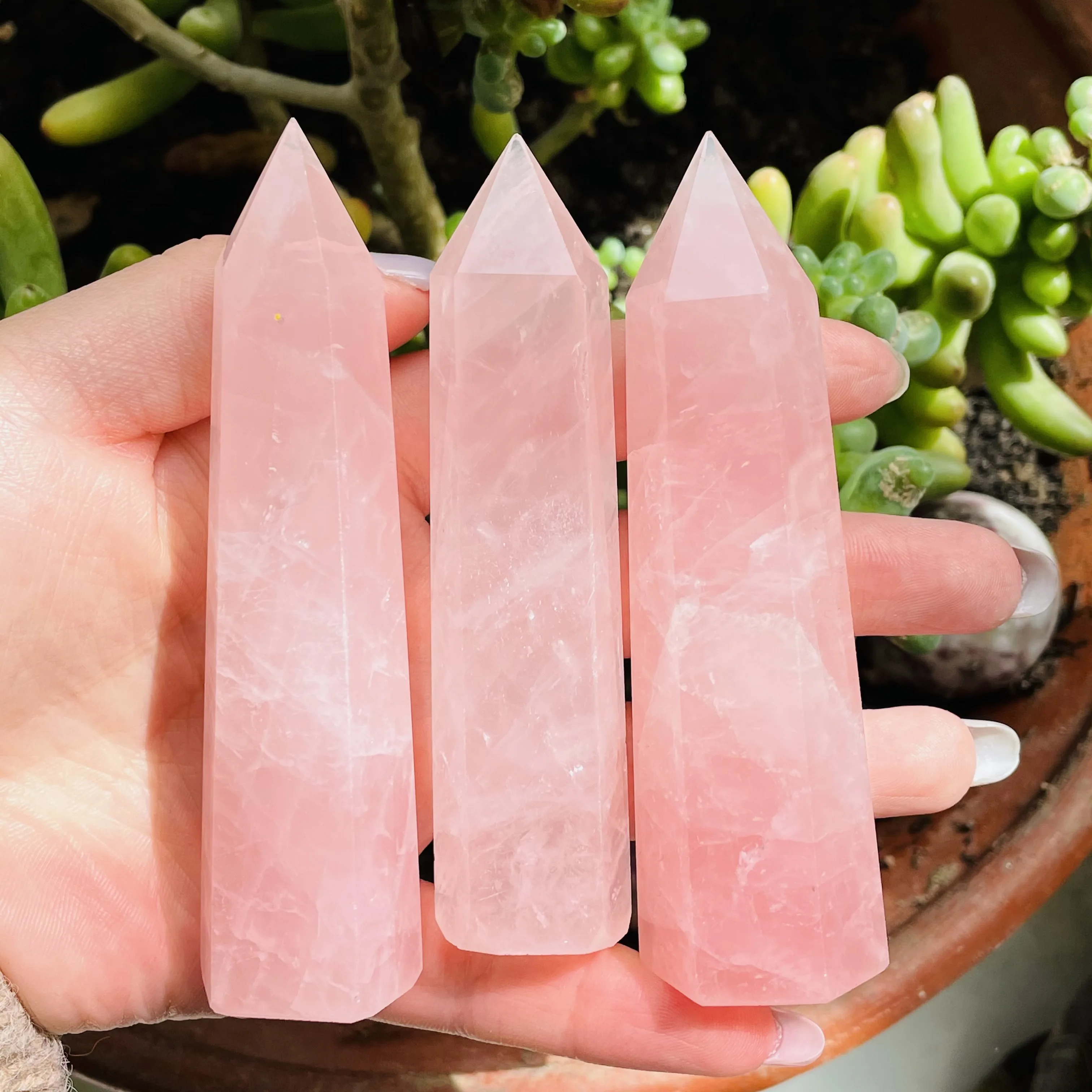 1Pcs Natural Pink Rose Quartz Crystal Point Obelisk Wand reiki Healing B40g+ 