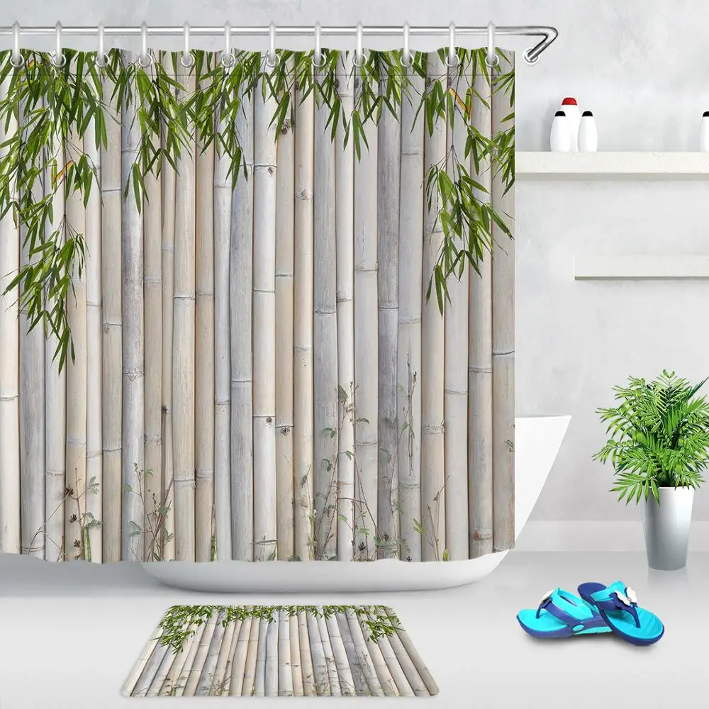 Green Bamboo Leaves Bamboo Raft Bathroom Shower Curtains Non slip Mat